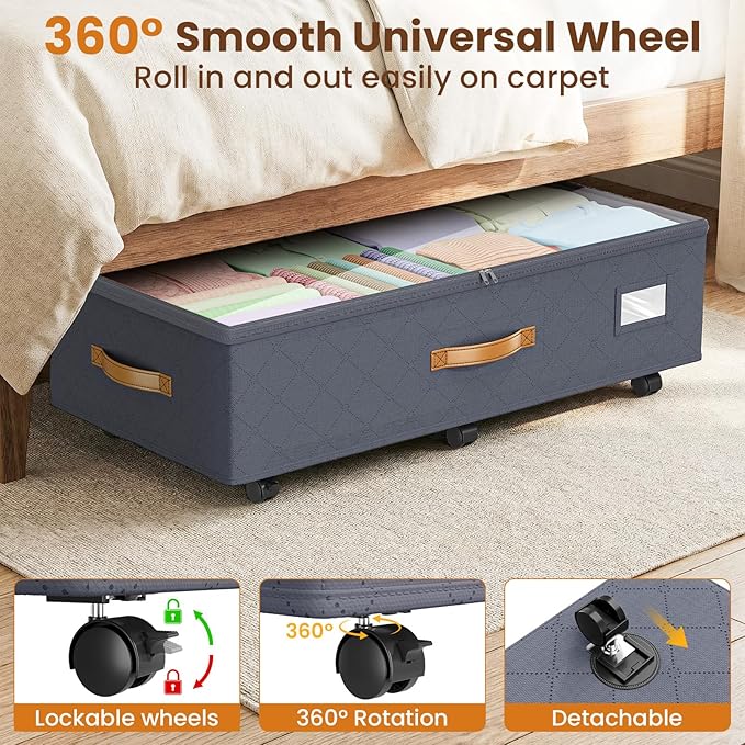 80L 2 Pack Adjustable Under Bed Storage Containers with Wheels | Rolling shoe storage organizer with clear lids and label for dorm home clothes, blankets, toys, easy to install, grey