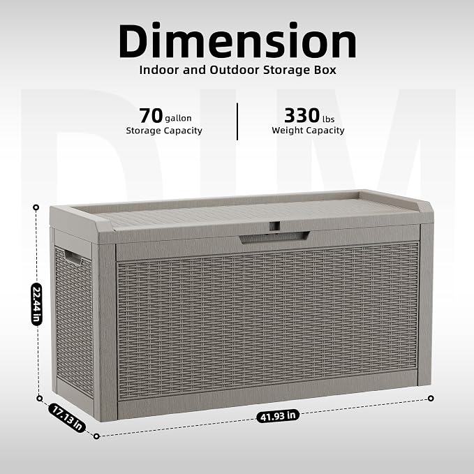 DRATO 70 Gallon Outdoor Storage Box Waterproof, Lockable Resin Deck Box for Patio Furniture, Pool Supplies & Garden Tools, Weatherproof Outside Storage Bin for Backyard Porch (Grey, 70 Gallon)