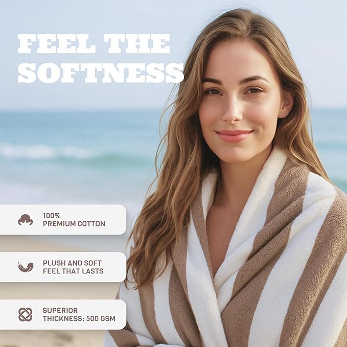 White Classic Beach Towels Oversized Cabana Stripe Cotton Bath Towel Large - Luxury Plush Thick Hotel Swim Pool Towels for Adults Super Absorbent Quick Dry - 35x70 Beige [2 Pack]