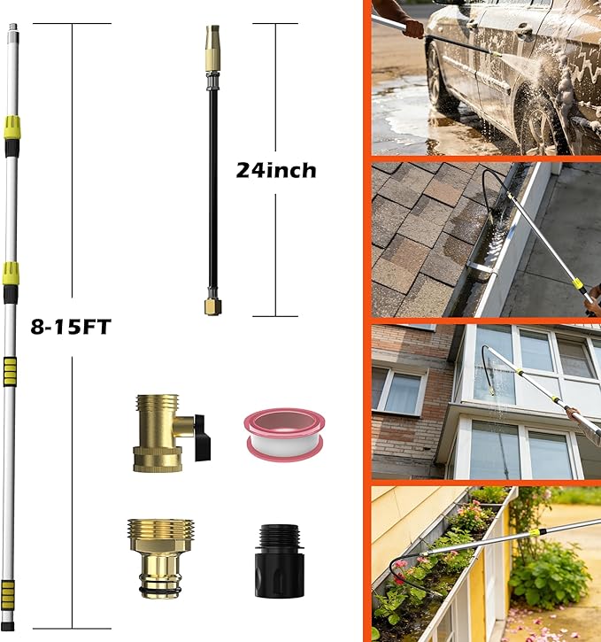 24FT Reach 8-18FT Telescopic Pole Gutter Cleaning Tools from Ground, Up to 24FT Reach, Flexible Wand, Adjustable Flow for Garden, Roof Gutters, Leaves & Debris Removal