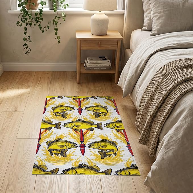 2'x3' Washable Area Rug Bass Splash Lure Bold Outlined Reel Tackle Motif Fish Fishing Refined Structured Pet Friendly & Kids Safe Bedside for Bedroom, Nursery, RV