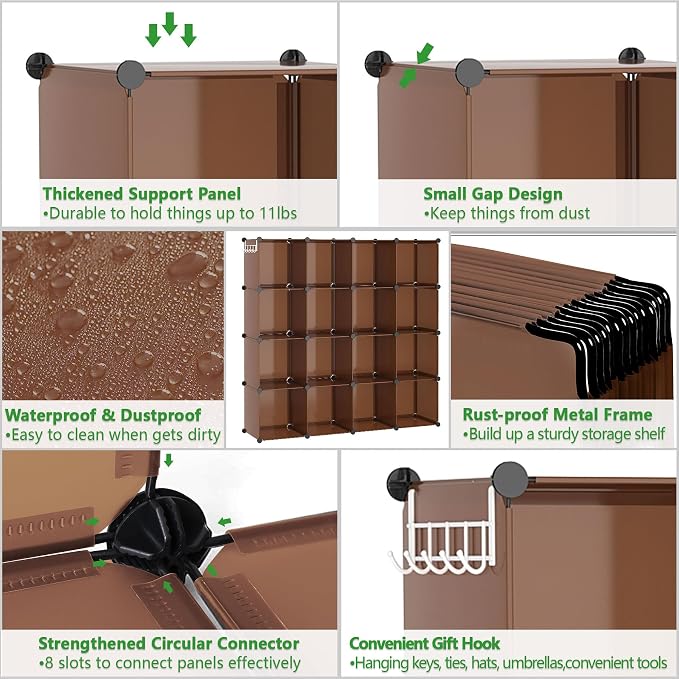 C&AHOME 16 Cube Storage Organizer Cube Shelves Units Storage Cubes, Brown | Plastic DIY Closet Organizer, Stackble Modular Closet Storage Shelves Ideal for Home, Bedroom, 48.4" L × 12.4" W × 48.4" H