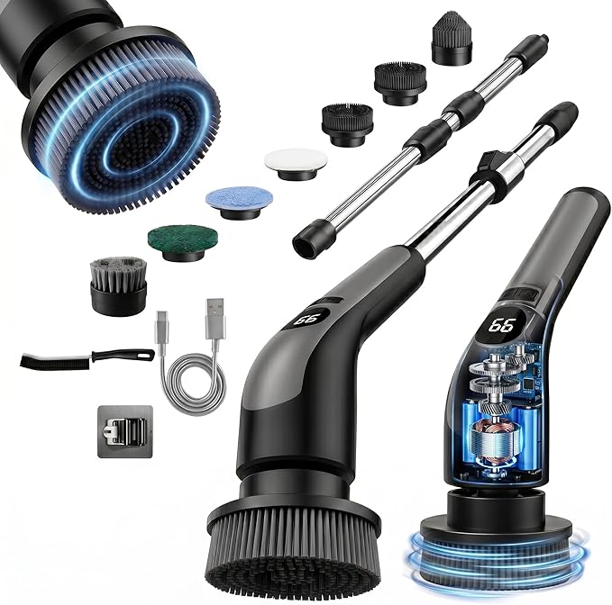 LIVINGPRO Electric Spin Scrubber with LCD Display, Cordless Cleaning Scrubber for Home, Upgraded 70W Dual Speed Motor, IPX7 Waterproof Power Scrubber, 7 Brush Heads, Extendable Long Handle