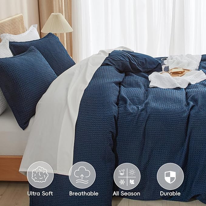 PHF Waffle Weave Duvet Cover California King, No Snagging Ultra Soft Luxury Textured Breathable Comforter Cover for All Season 3pcs, Durable Bedding Duvet Set with 2 Pillow Shams, 104"x98", Navy Blue