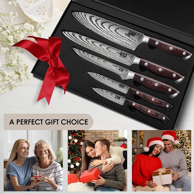 SHAN ZU Japanese Chef Knife Set 5 PCS, High Carbon Stainless Steel | Ultra Sharp Kitchen Knives for cooking, Professional Chef Knife Set with Ergonomic Pakkawood Handle