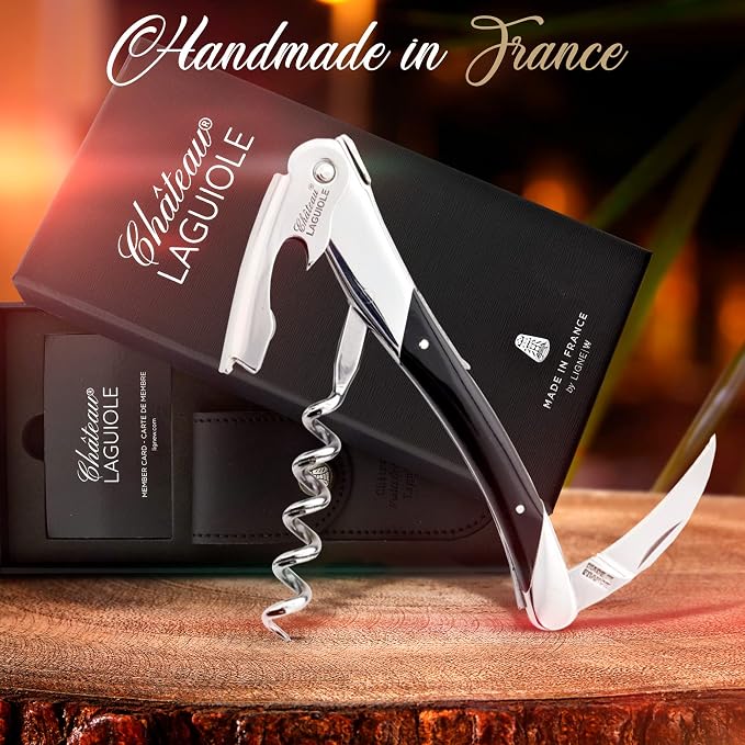 Chateau Laguiole Corkscrew - Luxury French Wine Opener Grand Cru Black Horn Handle with Leather Sheath & Gift Box