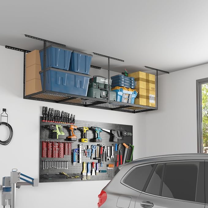 FLEXIMOUNTS 2x8 Overhead Garage Ceiling Storage Rack Organization, Black | 400lbs Weight Capacity, 22"-40" Adjustable Organization System, Heavy-Duty Metal Ceiling Racks, Classic Series