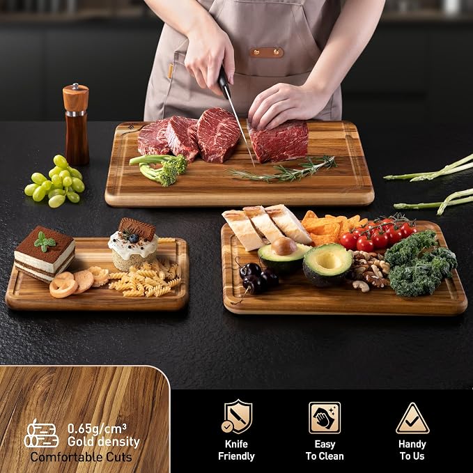 Teak Wood Cutting Board Set for Kitchen High-End Non Toxic Non Slip Over Sink Solid Thick Wood Haus Chopping Board Extra Large Big Small Best Kitchen Essential House Warming Hostess Host Gift