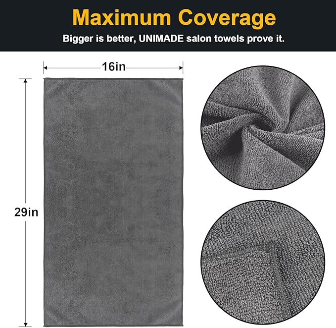 UNIMADE Salon Towels 24 Pack, Super Soft Microfiber Gym Towels | Highly Absorbent Hair-Drying Cloth for Gym, Bath, Spa Use and Home Beauty Care - Grey (16x29 inch)