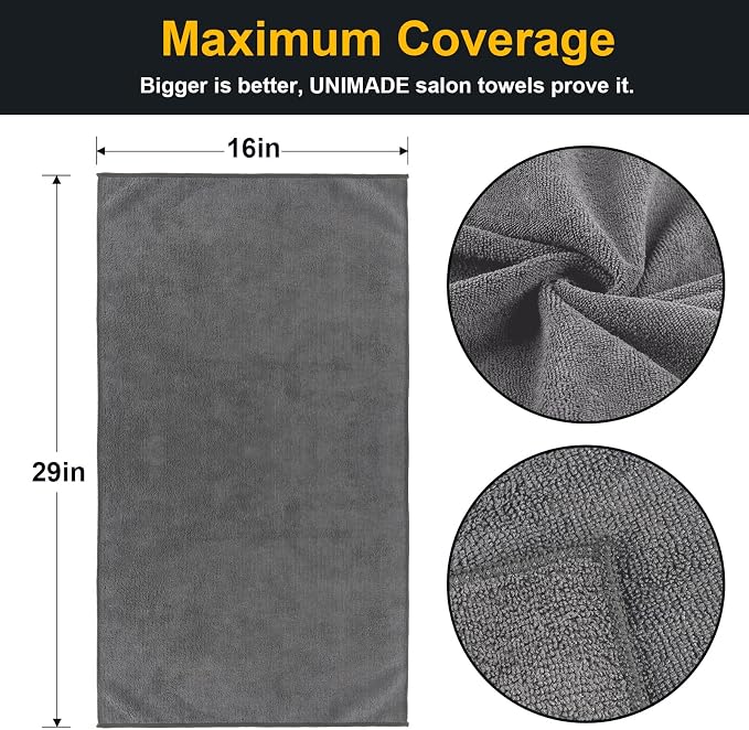 UNIMADE Salon Towels 48 Pack, Super Soft Microfiber Gym Towels | Highly Absorbent Hair-Drying Cloth for Gym, Bath, Spa Use and Home Beauty Care - Grey (16x29 inch)