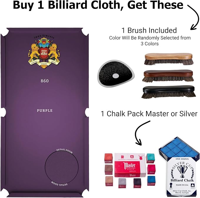 Simonis 860 Pool Table Cloth Replacement Kit for Tables Includes Precut Bed and Rail Cloth, Horsehair Brush, Spots, and Chalk (Multiple Colors)