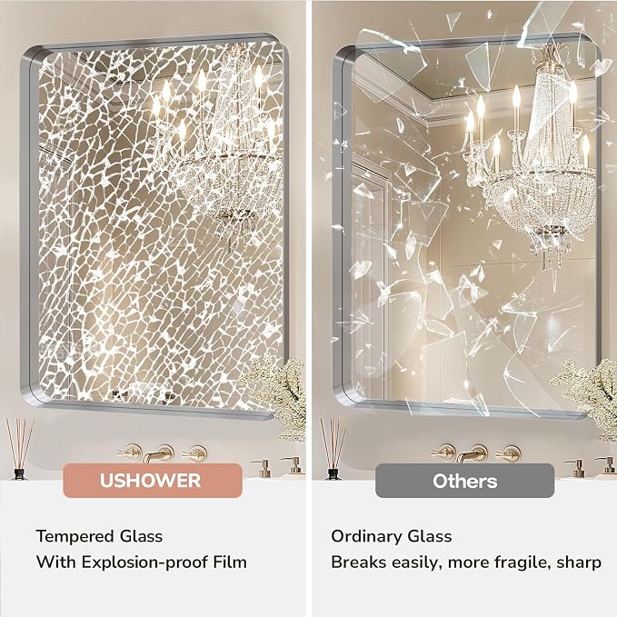 USHOWER Brushed Nickel Bathroom Mirrors 22"x30" 2 Pack, Silver Rectangle Mirrors for Over Sink, Rounded Corner, Aluminum Frame, Anti-Rust, Tempered Glass, Horizontal or Vertical Mounted
