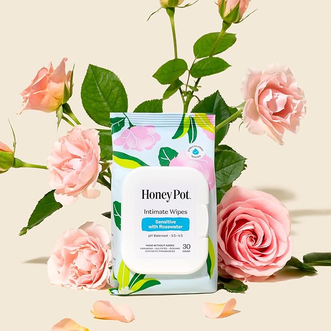 The Honey Pot Company - Feminine Wipes - Sensitive w/Rosewater Feminine Hygiene Wipes - pH Balancing, Herbal Infused Plant-Based Feminine Care for Sensitive Skin - Cleansing Wipes for Women - 30ct