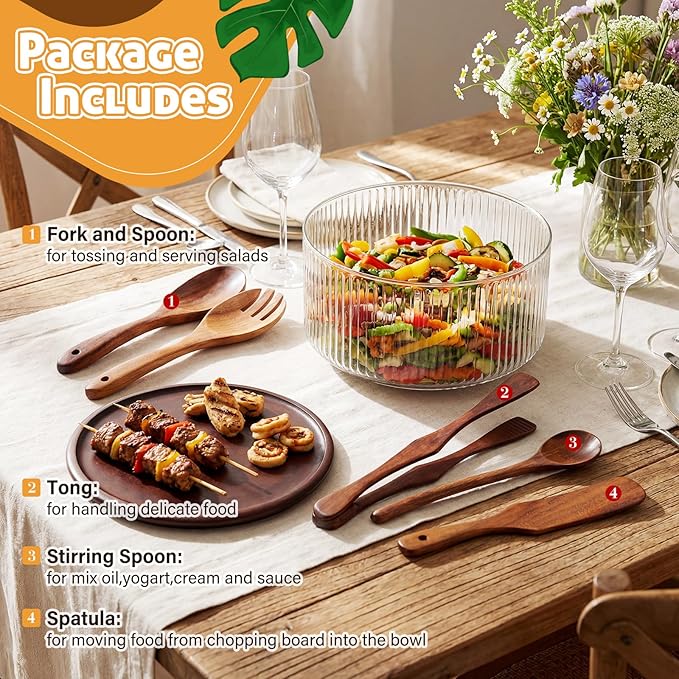 Large Glass Salad Bowl Set, Ribbed Salad Bowl with Wood Base and Lid As Cheese Charcuterie Board and Plate, Comes with 5 Pieces of Wood Serving Utensils for Kitchen Party(9" X 5.9")