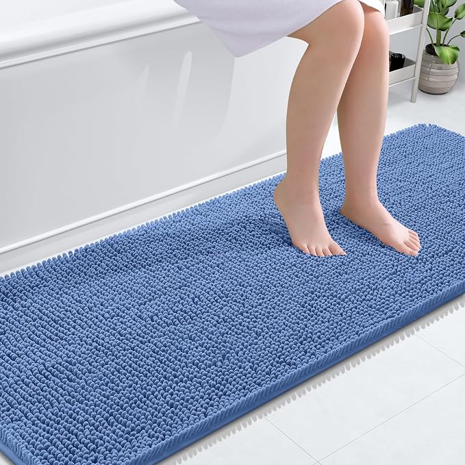 OLANLY Bathroom Runner Rugs 70x24, Soft Absorbent Chenille Bath Rugs, Rubber Backing Quick Dry, Machine Washable Long Bath Mats for Bathroom, Tub and Shower, Home Decor Accessories, Cornflower Blue