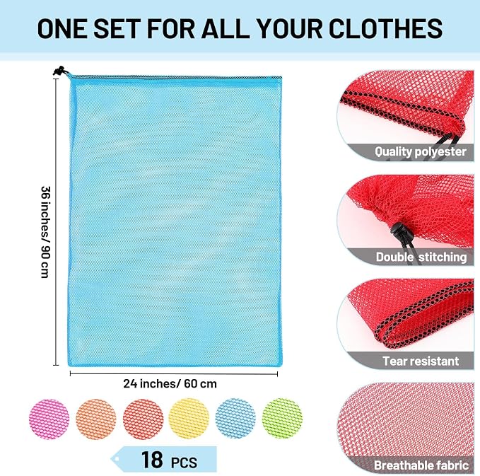 Berlune 18 Pcs 24" x 36" Large Mesh Laundry Bags Colorful Extra Large Laundry Bag Bulk with Drawstring Heavy Duty Mesh Machine Washable Drawstring Pouch