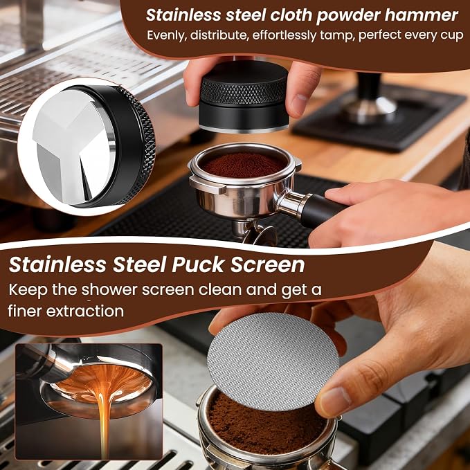 9-in-1 Espresso Tool Set: 58mm Tamper, WDT Tool, Distributor, Magnetic Funnel, Puck Screen, Brush, Cleaning Cloth, Latte Art Needle & Wooden Stand for Breville De'Longhi