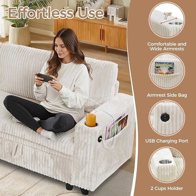 L Shaped Sectional Sleeper Sofa, Pull Out Couch with Storage, Beige | Pull Out Bed, 5 Seat Modular Design, Soft Corduroy Fabric, USB Charging, Cup Holders, Removable Covers, Easy Assembly