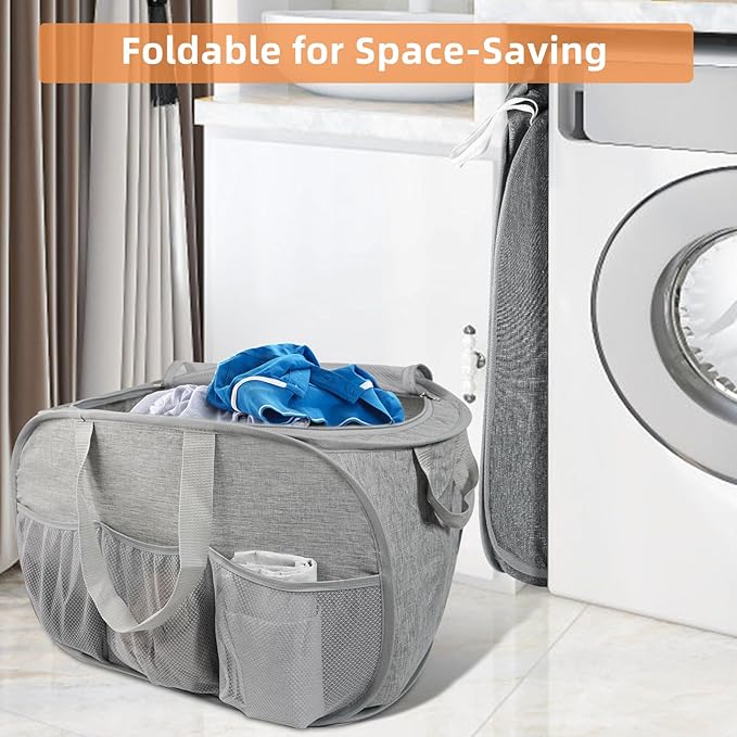Collapsible Laundry Baskets with Lid, Foldable Laundry Basket with Pockets, Pop Up Laundry Hamper with Dual Handles, 99L Sturdy Hampers for Clothes, Groceries, Supplies, Tools, Grey
