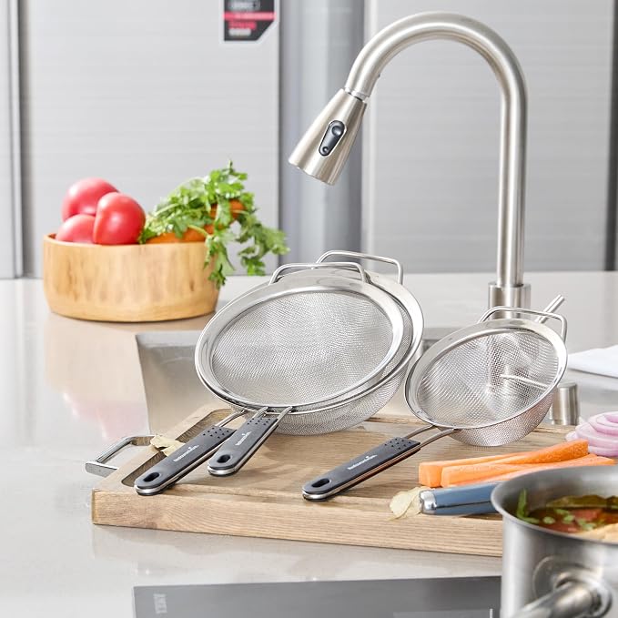 Restaurantware Fine Mesh Strainer Set of 3 Different Sizes with Silicone Handle Stainless Steel Extra Fine Mesh Strainer Heat-Resistant Handle Dishwasher-Safe for Rice, Quinoa, Pasta