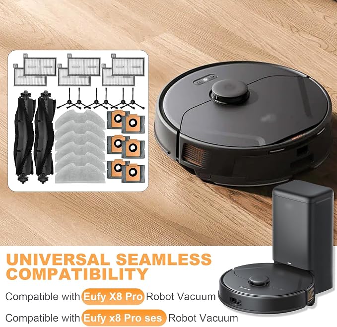 Accessory Kit Compatible with Eufy X8 Pro/ x8 Pro Ses Robot Vacuum Cleaner | Vacuum Replacement Parts( 2 rolling brush +6 filter +6 mop cloth pads +6 side brush +6 dust bag)