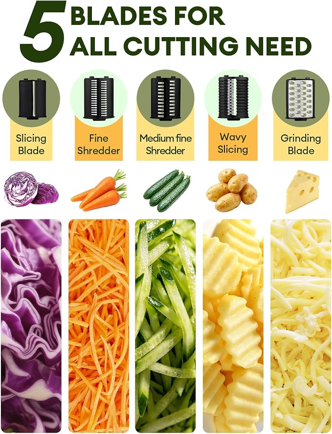 Upgraded 300W Electric Cheese Grater with 5 Stainless Steel Blades, Cheese Shredder Electric for Slicing, Shredding & Grinding Vegetables, Fruits and Nuts,Easy One-Touch