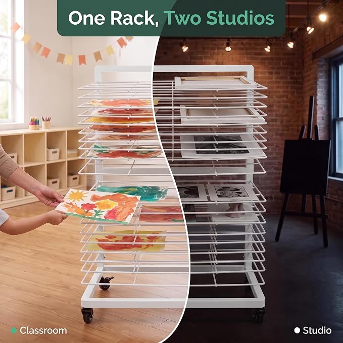 OFFICEROO White Art Drying Rack for Classroom & Preschool – 18-Shelf Mobile Paint Drying Rack, Canvas & Paper Drying Rack for Art Storage