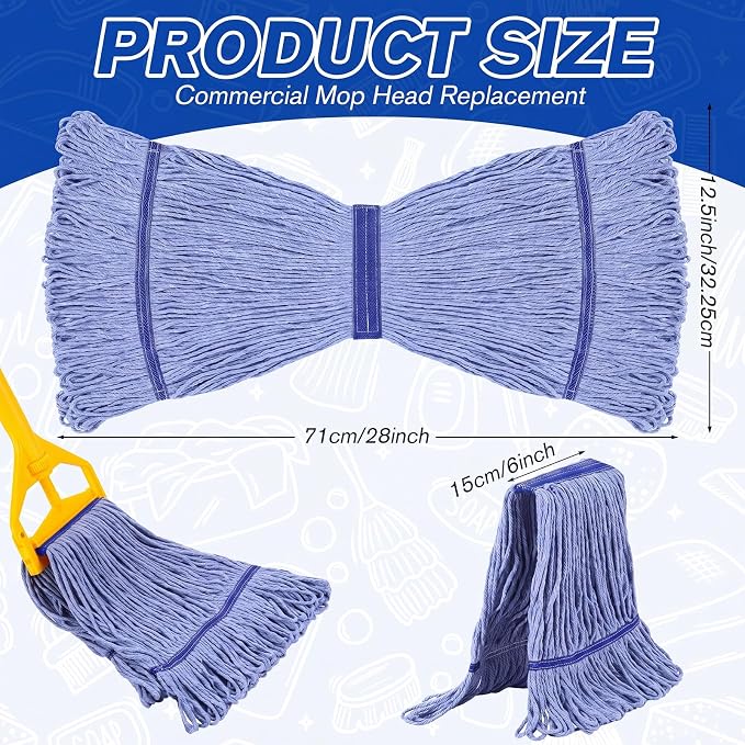Eccliy 3 Pack Commercial Mop Heads Replacement Heavy Duty 18 oz Loop End Cotton String Wet Mop Refills Washable Absorbent Reusable for Industrial Home Tile Wood Concrete Floor (Blue)