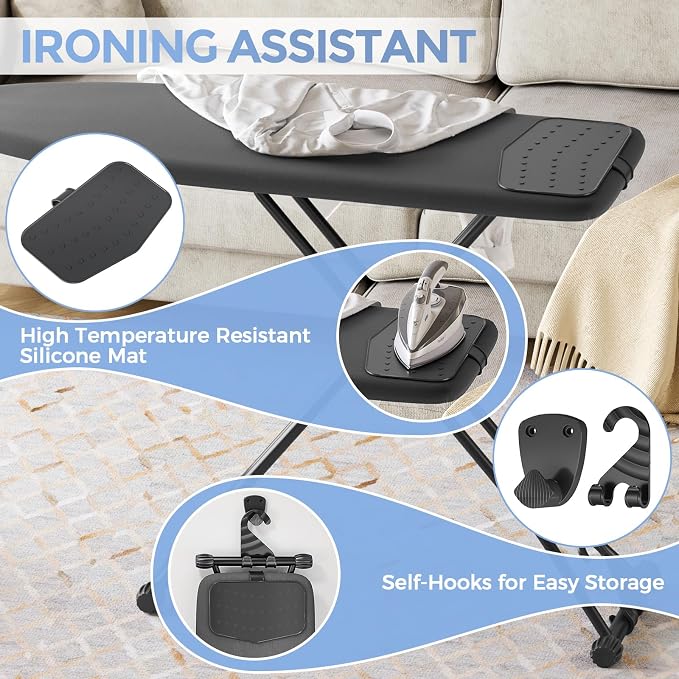 APEXCHASER Ironing Board, Compact Iron Board with Silicon Mat, Foldable Ironing Board with Heat Resistant Cover, 7 Height Adjustable, Space Saver Iron Board,13x43 Black