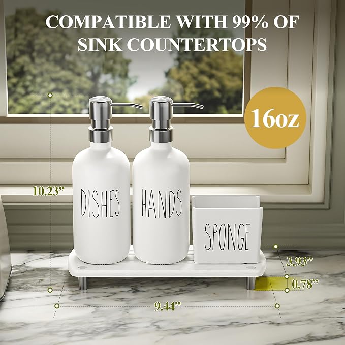 Cisily Kitchen Soap Dispenser Set Comes with Ceramics Sponge Holder, Gold Pumps, and Instant Dry Tray, Hand and Dish Soap Dispenser Set (4, Silver + White + Sponge Holder)