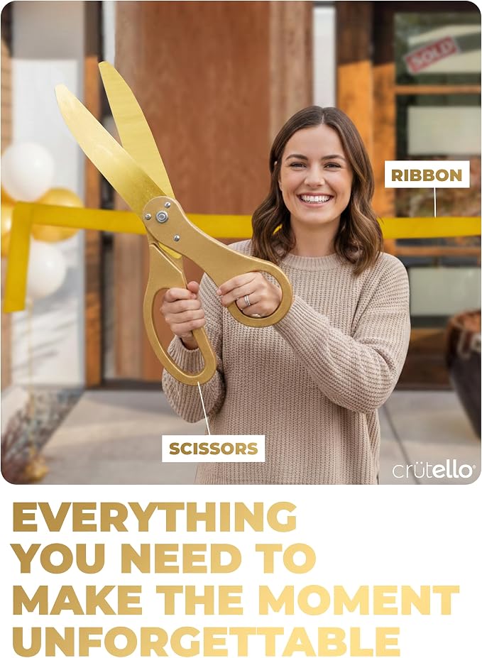 Crutello Ribbon Cutting Ceremony Kit - Grand Opening Ribbons and Scissors - 20"Giant Gold Scissors and 30 Foot Large Gold Ribbon 4"Wide - Ceremonial Kit
