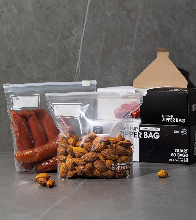 Quart Slider Storage Bags- 900 Count, Expandable Bottom, Zero BPA, Microwave Safe with Write-On Space, 36 Boxes of 25