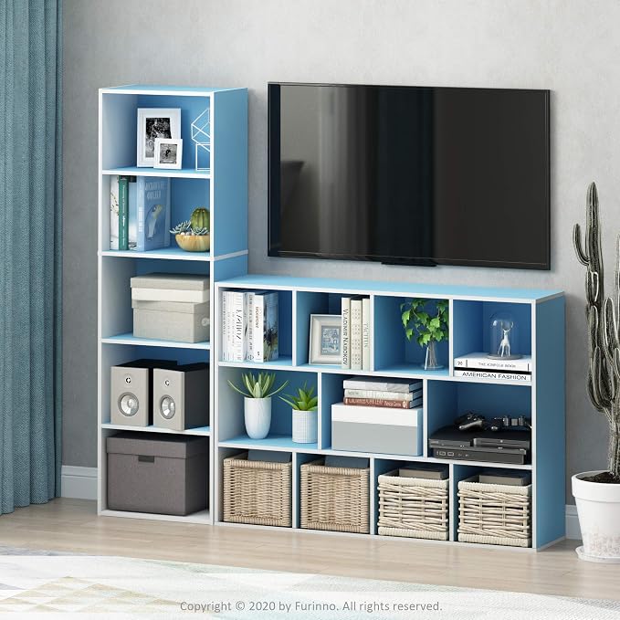 Furinno LUDER Book Shelf, 5-Tier Bookshelf, Bookcase with Open Shelves, 9.4 x 15.8 x 52, Easy Assembly, for Living Room, Bedroom, Home Office, White/Light Blue