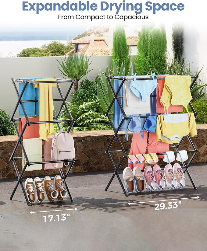 APEXCHASER Oversize Clothes Drying Rack, 3-Tier Drying Rack Clothing, Expandable Metal Laundry Drying Rack, Air Drying Rack, Clothes Rack, No install, 24lb Capacity, 14.9" D x 29.3" W x 39.3" H, Black
