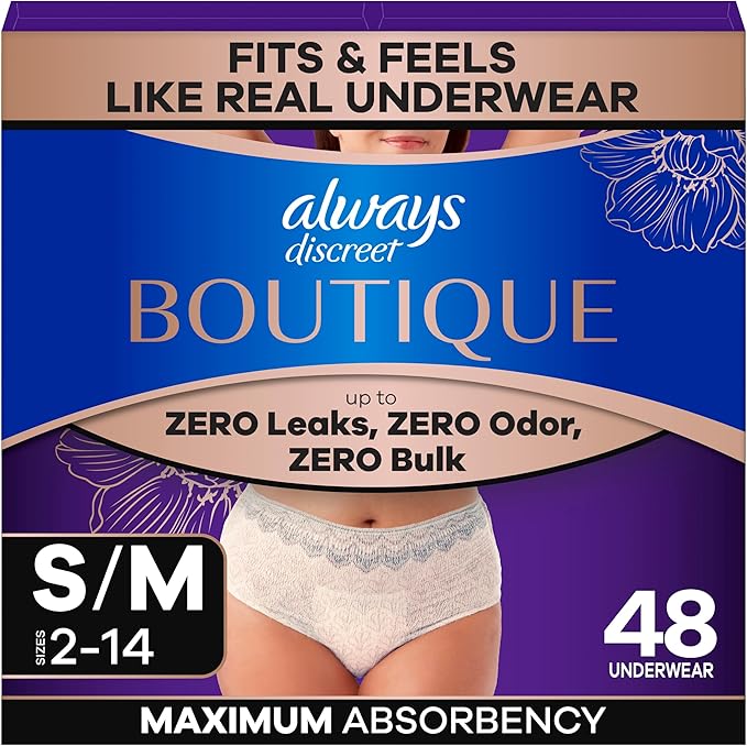 Always Discreet Boutique Incontinence and Postpartum Underwear for Women, Maximum Protection, Small/Medium, Rosy, 48 Count (4 Packs of 12)