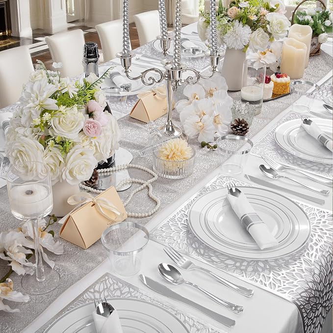 WDF Partyware 175PCS Sliver Plastic Plates - Silver Plates Disposable - White Plate with Silver Trim 25Guests Plastic Dinnerware Sets with Rolled Napkins for Wedding Baby Shower Spring Birthday