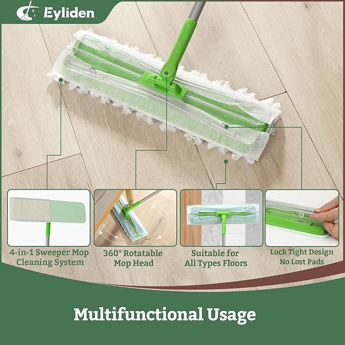 Eyliden Large Sweeper Mop, 16.5" Wide - Lock Tight Design No Lost Pads - 34 Disposable Dry & Wet Cloths, 58" Adjustable Handle, Dust Mops for Pet Hair, Hardwood Floors, Universal Refills
