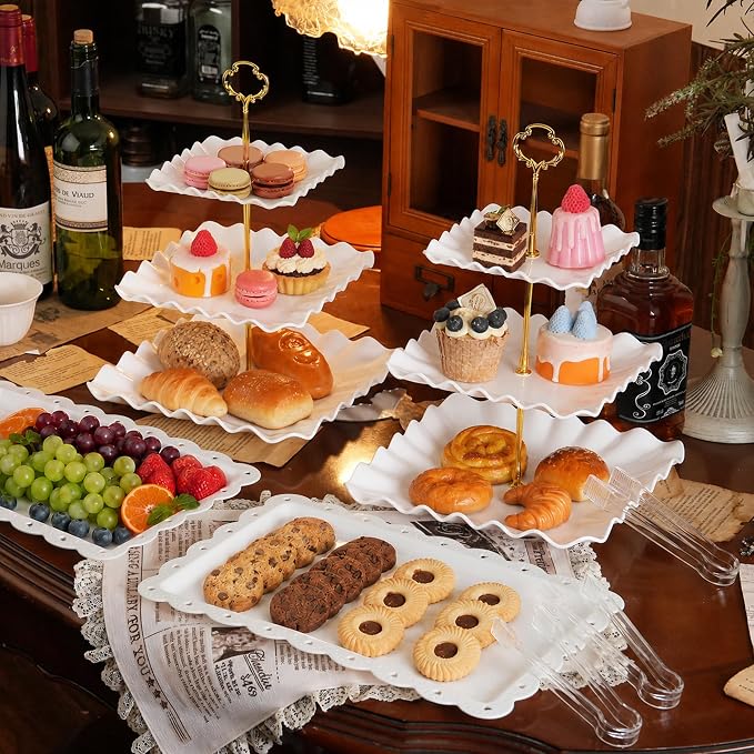 Dessert Table Display Set 13PCS, 3-Tier Cupcake Stand Set with Metal Gold Rods, 3 Round & 3 Square Dessert Stands, 4 Serving Trays & 3 Tongs for Wedding Birthday Baby Shower Party Decor