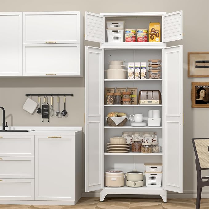 SteeLoong 90”Metal Pantry Storage Cabinet with Doors & 4 Adjustable Shelves | Kitchen Pantry Cabinet,White Kitchen Cabinet with 4 Gold Handles,Tall Cabinet for Livingroom,Pantry, Bathroom,Kitchen,Garage