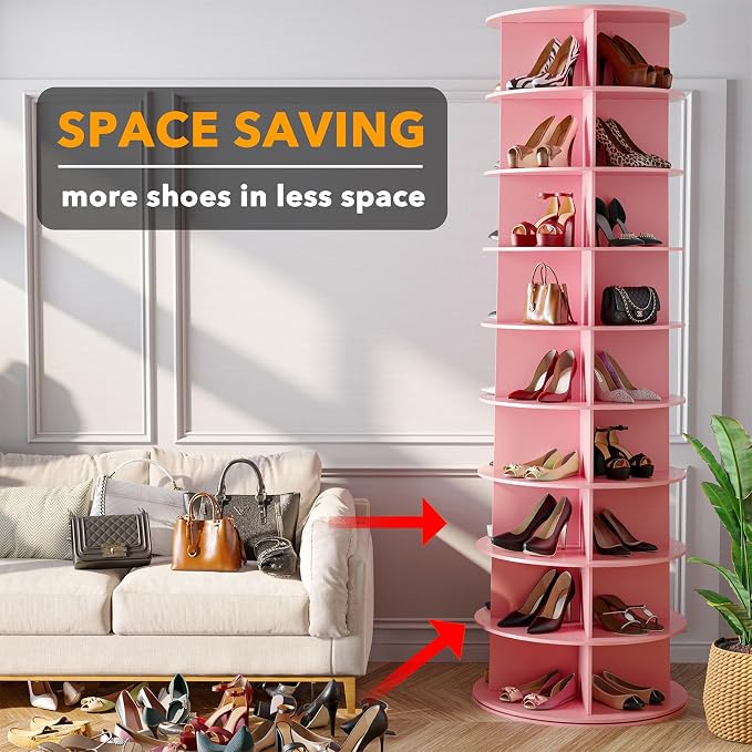 SpaceAid 9 Tier Rotating Shoe Rack Tower, Spinning Shoe Display Lazy Susan, Revolving 360 Shoe Rack Storage Round Carousel, Vertical Handbag Rotate Shoes Closet Organization (9-Tier Pink)