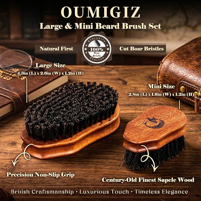 Beard Brush & Comb Set for Men Since 1965 British Craftsmanship | Boar Bristle Beard Brush Set with Large & Mini Pocket Brush, Wooden Beard Comb & Grooming Accessories for Beard Care