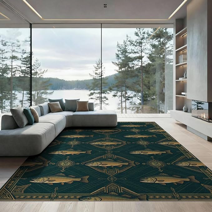 8'x10' Washable Area Rug Bass Cabin Vintage Lure Motifs Tackle Motif Border Fish Fishing Refined for Dining Room, Large Office, Lounge, Non-Slip Chair-Friendly