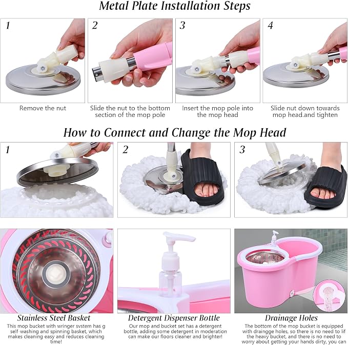 Cute Pink Mop and Bucket Set with 3 Extra Refills (Pink) | Pink, Spin Mop Floor Cleaning System