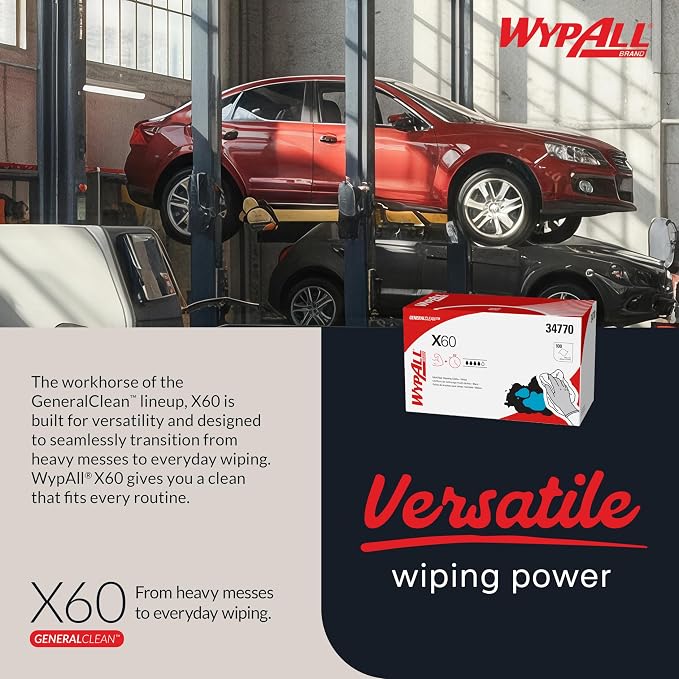 WypAll GeneralClean X60 Cloths Multi-Task Cleaning Wipes (34770), Quarterfold, Strong and Absorbent Towels, White (9 Boxes of 100 Sheets, 900 Sheet Total)