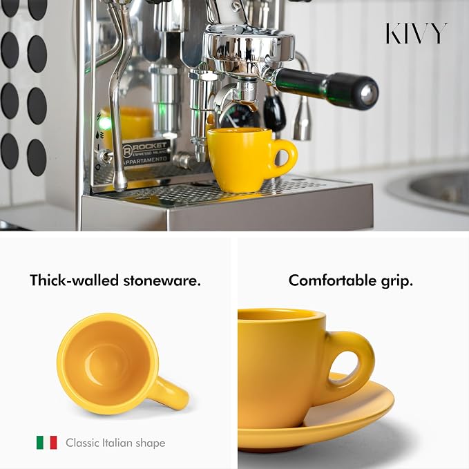 KIVY Espresso Cups Set of 4 - Stoneware - Italian Style - 3oz Each - Yellow
