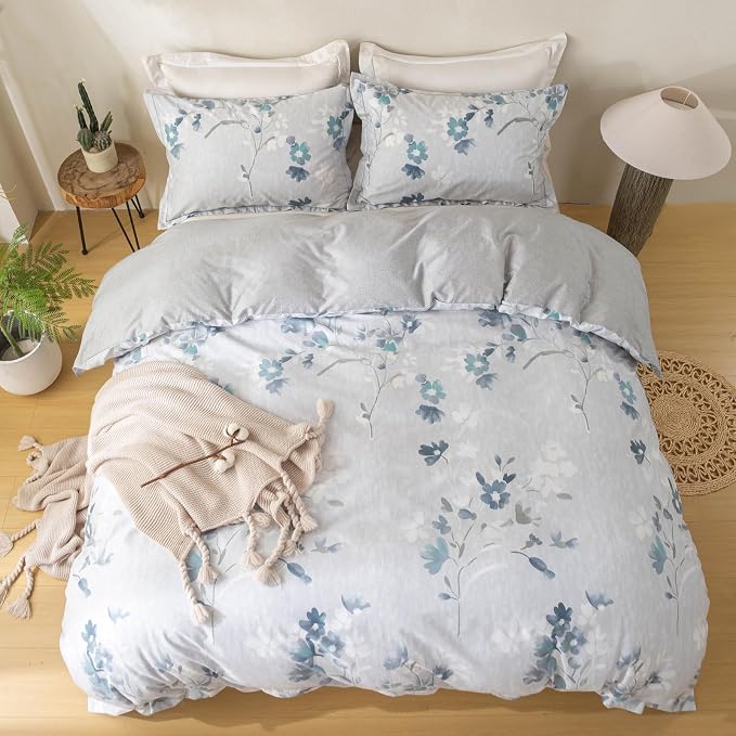OAITE Duvet Cover Set Queen Size Floral Pattern Ultra Soft 100% Cotton Duvet Cover Sets 3-PC, Breathable Duvet Cover with Zipper Closure & Corner Ties(2 Pillow Shams,1 Duvet Cover)