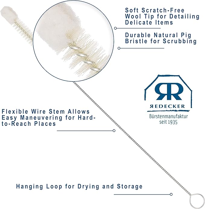 Redecker Natural Pig Bristle and Wool Bottle Cleaning Brush, 10-1/4-Inches, Flexible Wire Handle, Made in Germany