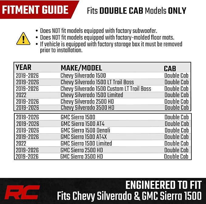 Rough Country Under Seat Storage for Chevy Silverado & GMC Sierra 1500/2500HD/3500HD Double Cab (2019-2026) - Custom Rear Under Seat Organizer Tray Without Lid