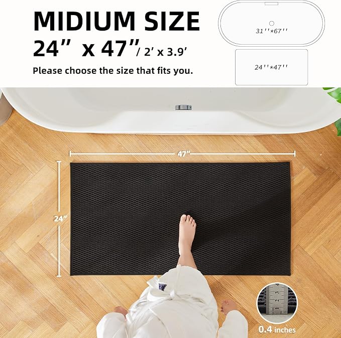 TYUU Black Bathroom Rugs Non Slip Washable, Super Absorbent Thin Bath Mat Quick Dry Low Pile Bathroom Rug, Black 24''x47''