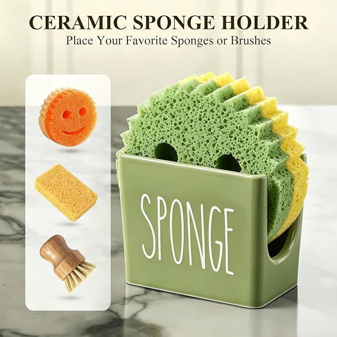 Cisily Kitchen Soap Dispenser Set Comes with Ceramics Sponge Holder, Silver Pumps, and Instant Dry Tray, Hand and Dish Soap Dispenser Set, Kitchen Sink Olive Green Decor